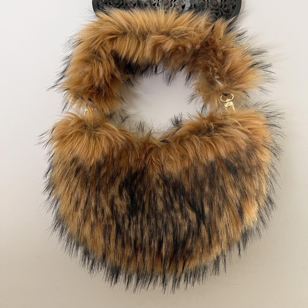 Y2K Faux Fur Hobo Shoulder Bag 2000s Indie Sleaze Zipper Purse Bratzcore Brown